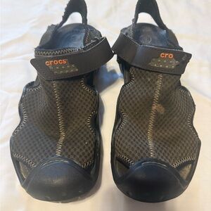 Crocs Mens Swiftwater Deck Sandals Brown Hook And Loop Mesh Closed Toe Size M10